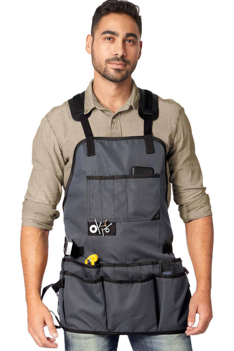 Under NY Sky Tool Apron – Magnetic Tool Holder – Heavy Duty Gray Oxford Canvas – Cross-Back – 18 Pockets – Adjustable for Men, Women – Pro Mechanic, Woodworker, Carpenter, Electrician, Gardener Apron