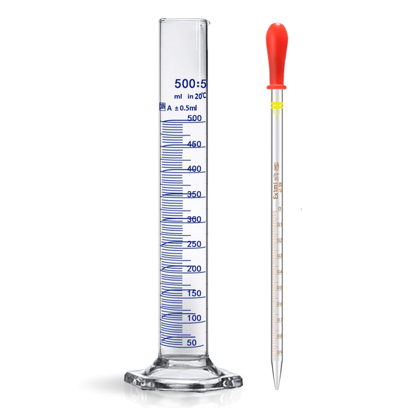 Thick Glass Graduated Cylinder Measuring Liquid Lab Hexagon Base Cylinders Come with Glass Dropper (Glass, 500ML)