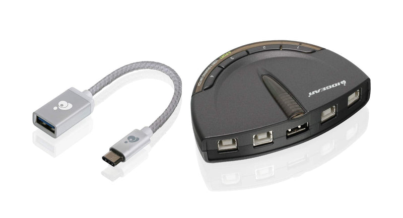 IOGEAR 4 Port USB 2.0 Switch - Auto Printer Switch - USB-A to USB-C Adapter Kit - Manually or Auto Control - LEDs Indicate - Plug N Play - GUB431CA1KIT 4 PORT w/USB-C adapter