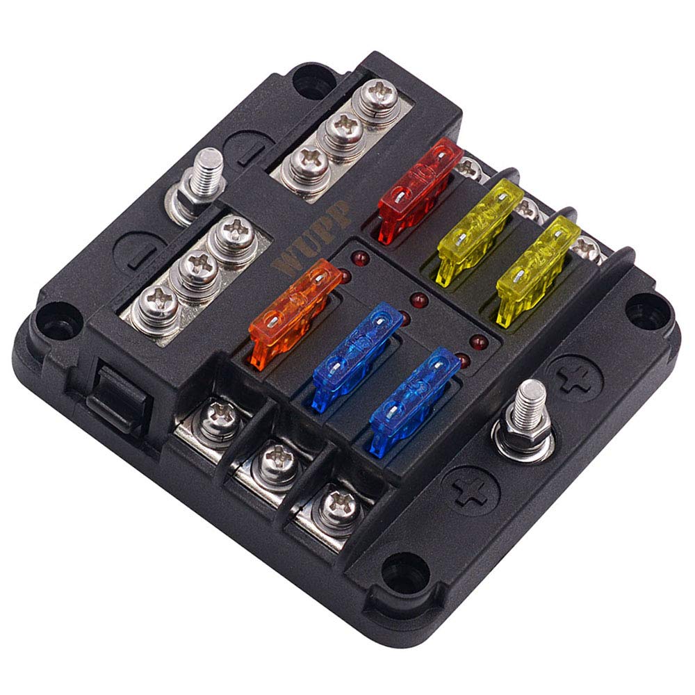 WUPP 12 Volt Fuse Block, Waterproof Boat Fuse Panel with LED Warning Indicator Damp-Proof Cover, 6 Circuits with Negative Bus Fuse Box for Car Marine RV Truck DC 12-24V 6-circ W/Cover & Neg