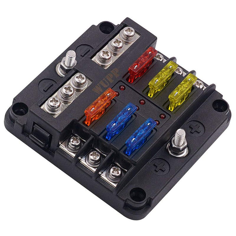 WUPP 12 Volt Fuse Block, Waterproof Boat Fuse Panel with LED Warning Indicator Damp-Proof Cover, 6 Circuits with Negative Bus Fuse Box for Car Marine RV Truck DC 12-24V 6-circ W/Cover & Neg