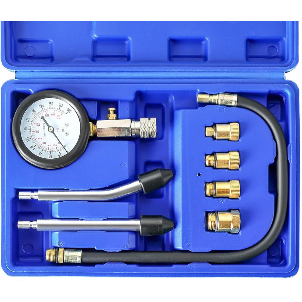 DASBET 8PCS Petrol Engine Cylinder Compression Tester Kit | Compression Tester kit Engine Cylinder Pressure Gauge for Petrol Gas Engine Automotive Tool Gauge 0-300 PSI for Cars Motorcycles (Blue) Blue