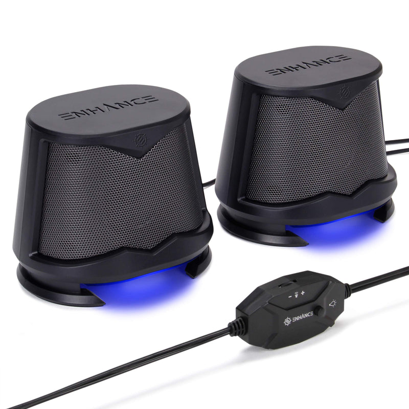 ENHANCE SB2 PC Speakers with Blue LED Glow Lights and 2.0 USB Powered Design - 10W Peak Sound, 3.5mm Wired Connection, in-Line Volume Control - Compatible with Gaming Desktop, Laptop, PC - Black