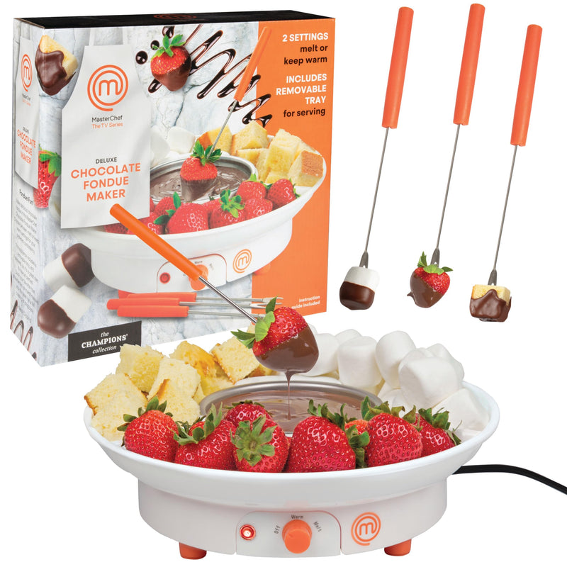 MasterChef Chocolate Fondue Maker- Electric Dessert Pot Set with 4 Forks & Removable Party Serving Tray- Melt or Warm Settings for Caramel Treats, Cheese- Charcuterie Appetizers, Date Night Gift