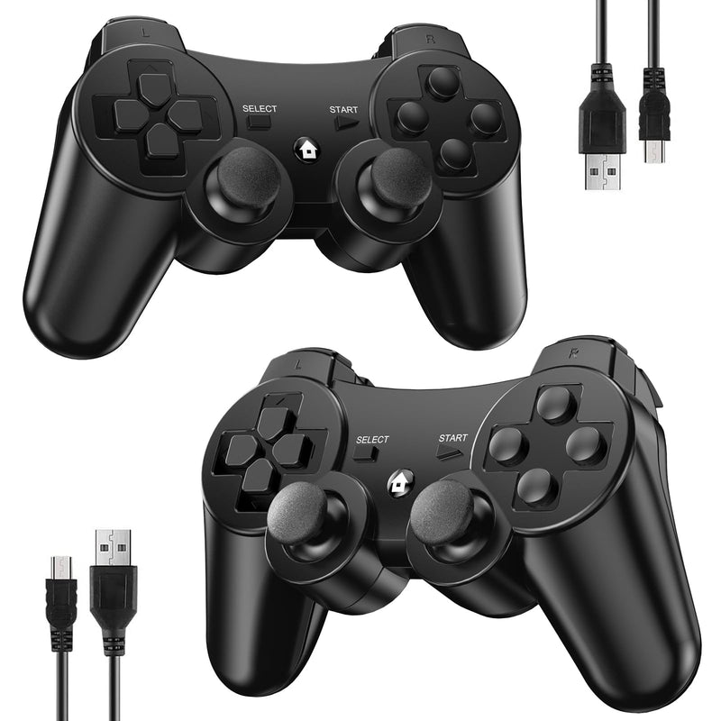 Diswoe Controllers for PS-3, Wireless PS-3 Controller 2 Pack, Bluetooth Gamepad Joystick, Double Vibrating Controller for Play_station 3 with 2 USB Charging Cables Thump Grips, Black Black+Black
