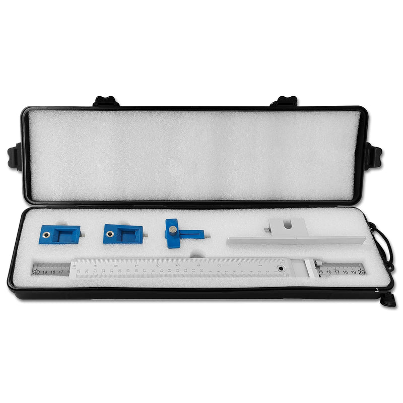Cabinet Hardware Jig Tool，Adjustable Drill Guide Template Tool for Installation of Door Drawer Front Knobs Handles and Pulls-Blue Aluminium Box | Cabinet Handle Jig with Automatic Center Punch Contains Metric and Imperial Double Sizes-Blue Aluminium Box