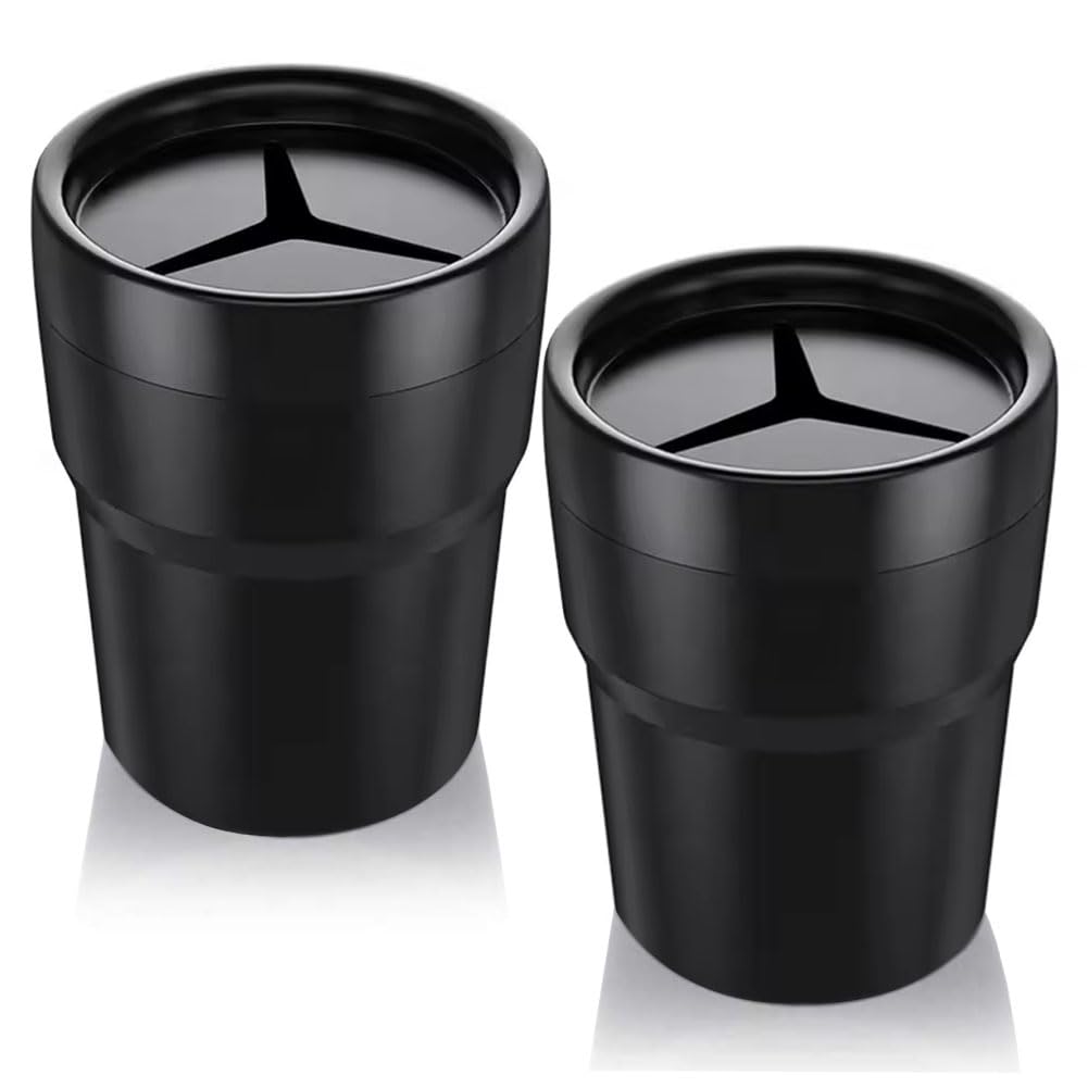 FIOTOK Car Trash Can with Lid, Mini Auto Garbage Can Leakproof Vehicle Trash Bin Fits Cup Holder in Console or Door for Automotive Car, Home, Office, Kitchen, Dinning Room 2 Packs Black-2Pack