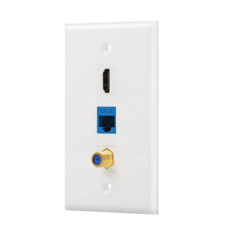 IBL- 3 Port Wall Plate with Coaxial TV Cable F Type + Cat6 Ethernet + HDMI Keystone Female to Female Jack in White Coax Cable+CAT6+HDMI