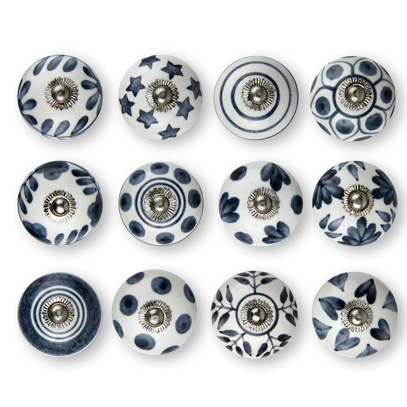 Set of 12 Handmade Ceramic Knobs | 3 Colour Design Ceramic Cabinet Knobs | Drawer Pulls for Home, Kitchen, Bathroom or Office | Drawer Knobs Comes with Wrench, Screw Cap & Extra Screws (Grey) Gray