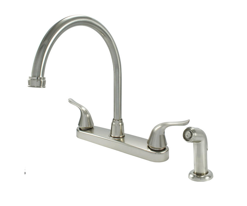 Wasserman 23073124 - Mobile Home RV Kitchen Sink Faucet High Spout Dual Lever Handle with Side Spray, High Arc, Deck Mount, Brushed Nickel, 8 inch on Center, for Campers, Motorhomes, Travel