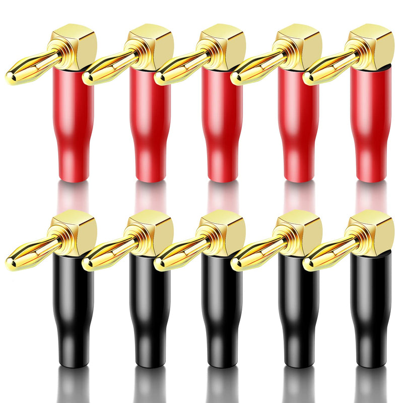 24K Gold Plated 90 Degree Banana Plugs，Dual Screw Locking Right Angle Banana/Speaker connectors(5 Pairs/10 Pcs)