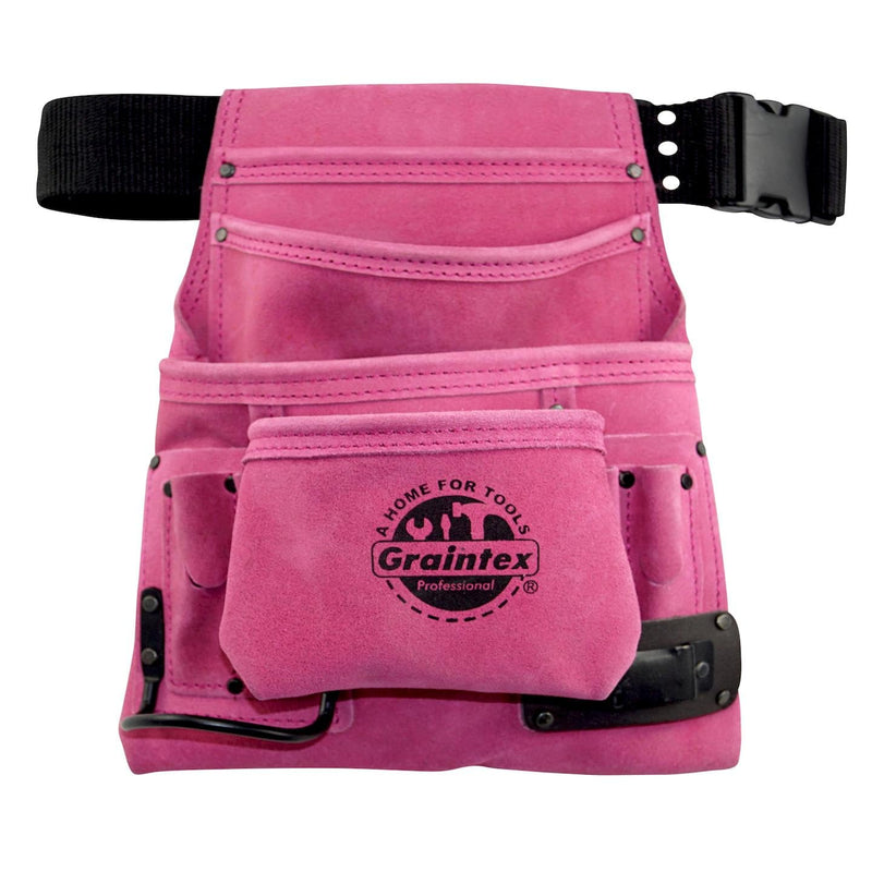 Graintex SS2034 10 Pocket Nail & Tool Pouch Pink Color Suede Leather with 2" Webbing Belt for Constructors, Electricians, Plumbers, Handymen