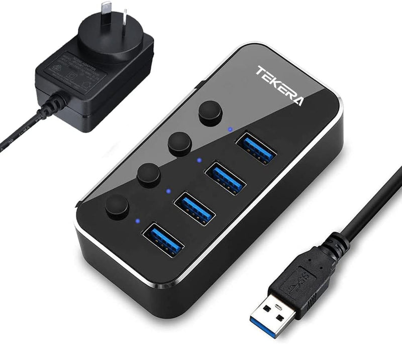 Powered USB 3.0 Hub, RSHTECH 4 Port USB Hub Splitter Portable Aluminum USB Data Hub Expander with Individual On/Off Switch and Universal 5V AC Adapter, 3.3ft USB 3.0 Cable(RSH-516) 4 port powered USB 3.0 hub