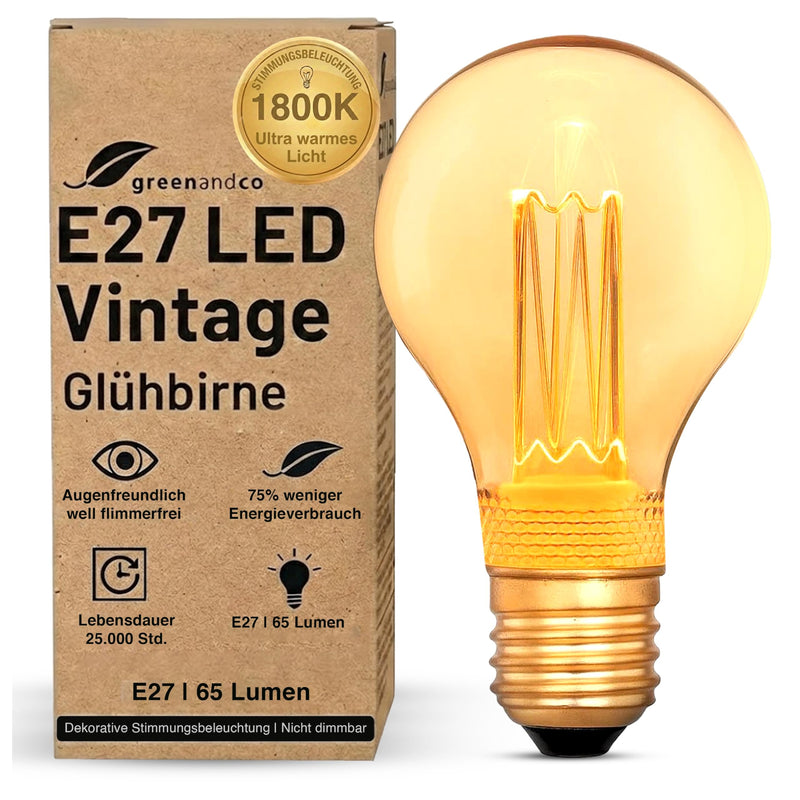 Greenandco® Vintage Design LED Bulb for Mood Lighting, E27 A60 Edison Light Bulb, 2 W 65 lm 1800 K Gold Extra Warm White, 320°, 230 V, Flicker-Free, Not Dimmable 1 pc.