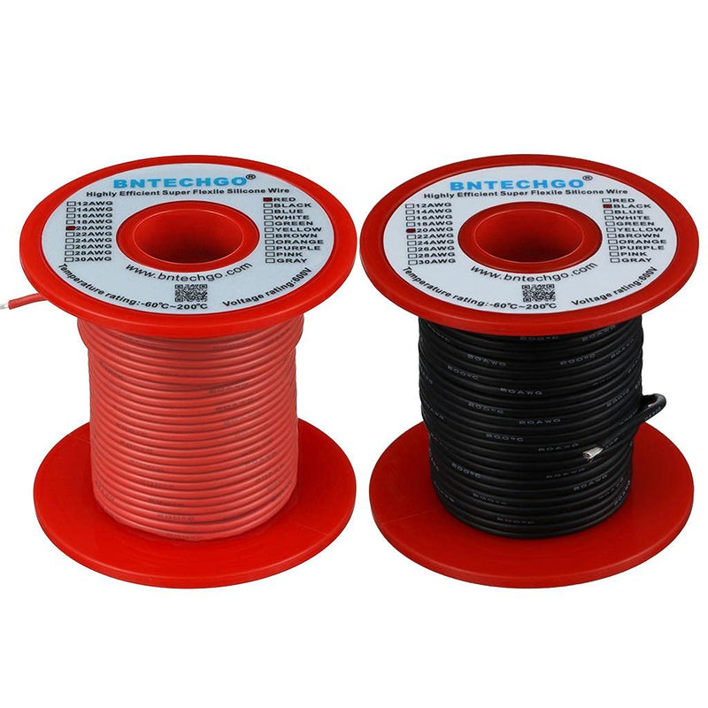 BNTECHGO 20 Gauge Silicone Wire Spool red and Black Each 100ft Flexible 20 AWG Stranded Tinned Copper Wire silicone wire 100ft red and 100ft black
