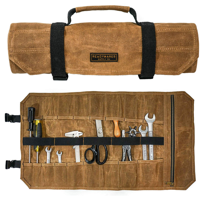 Readywares Tool Roll Bag | Heavy Duty Waxed Canvas Tool Roll with 18 Pockets and Pouch, Durable Canvas Tool Organizer with YKK Zipper, Built Tough for Tradesmen and Everyday Work Standard Tan