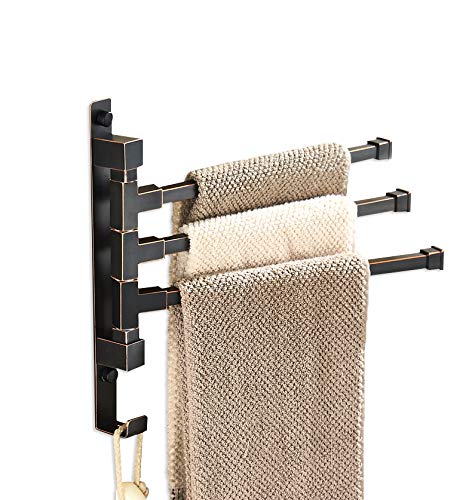 ELLO&ALLO Oil Rubbed Bronze Swing Out Towel Rack for Bathroom Holder Wall Mounted Towel Bars with Hook 3-Arm Square Bar