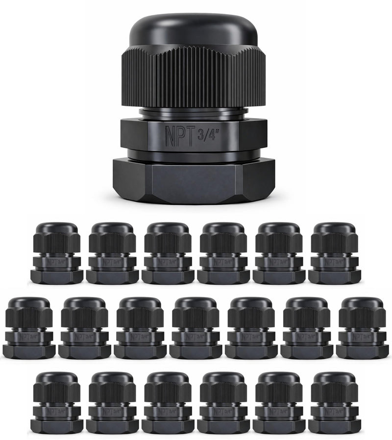 MGI SpeedWare 3/4" NPT Strain Relief Nylon Cord Grip Cable Glands, Black Plastic Grommet 20-Pack