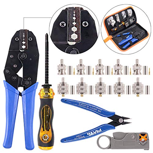 Swpeet 14Pcs Professional Coaxial Cable Tool Kit, Ratcheting Wire Terminal Coaxial Cable Tool Kit with 1Pcs Cable Stripper and 10pcs 50 Ohm Crimp Male/Straight Connectors for Coax Connectors