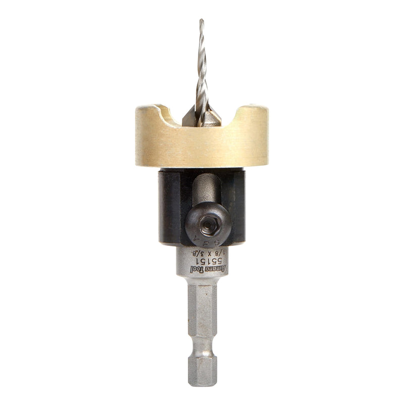 Amana Tool 82 Degree Countersink with Tapered Drill Bit and Adjustable Depth Stop, 55151, 3/8 D x 1/8 Drill D x 1/4 Inch Quick Release Hex Shank