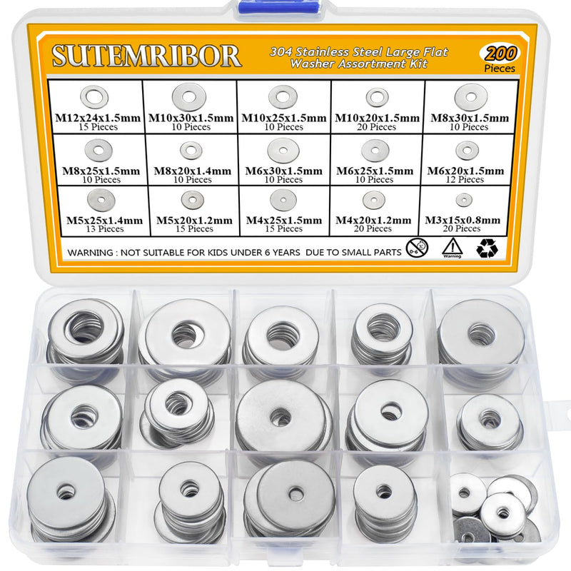 304 Stainless Steel Large Fender Washer Assortment Kit 200 Pieces, 15 Sizes - M3 M4 M5 M6 M8 M10 M12