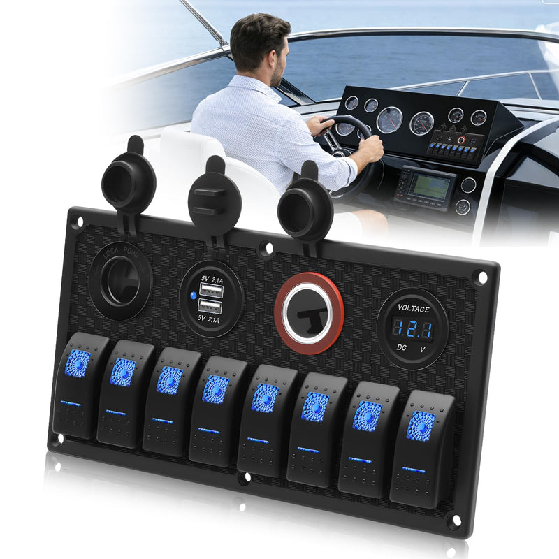 Geloo 8 Gang Marine Rocker Switch Panel, Boat Switch Panel Waterproof, 12V Switch Panel Toggle Switches Panel with LED Circuit Breaker 3.1A USB Charger Voltmeter ON/Off for Car Rvs Vehicles (Blue) Blue