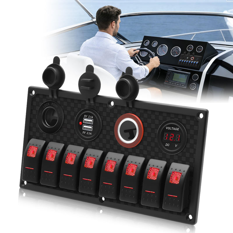 Geloo 8 Gang Marine Rocker Switch Panel, Boat Switch Panel Waterproof, 12V Switch Panel Toggle Switches Panel with LED Circuit Breaker 3.1A USB Charger Voltmeter ON/Off for Car Rvs Vehicles (Red) Red