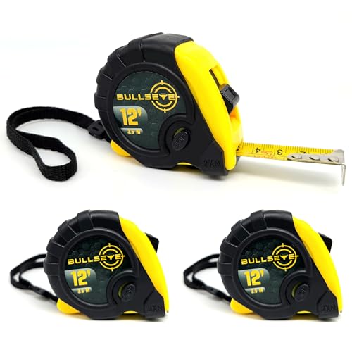 Bullseye Tape Measure 12 Ft - Small Retractable, Yellow, 3 Pack