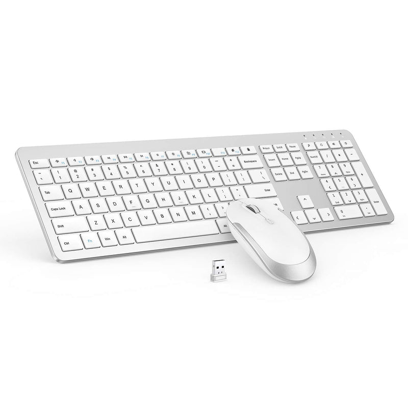 Wireless Keyboard and Mouse Combo - Full Size Slim Thin Wireless Keyboard Mouse with Numeric Keypad 2.4G Stable Connection Adjustable DPI (White & Silver) Silver and White