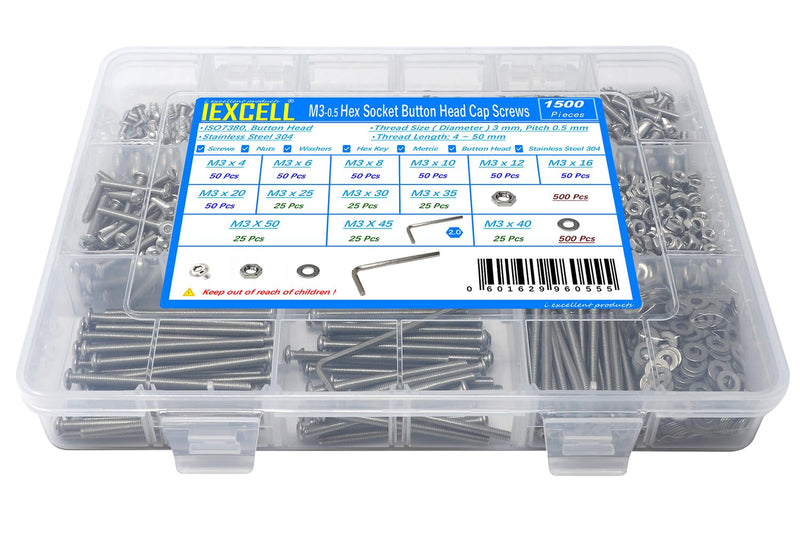 iexcell 1500 Pcs M3 x 4/6/8/10/12/16/20/25/30/35/40/45/50 Stainless Steel 304 Hex Socket Button Head Cap Screws Bolts Nuts Washers Assortment Kit M3 x 4/6/8/10/12/16/20/25/30/35/40/45/50mm