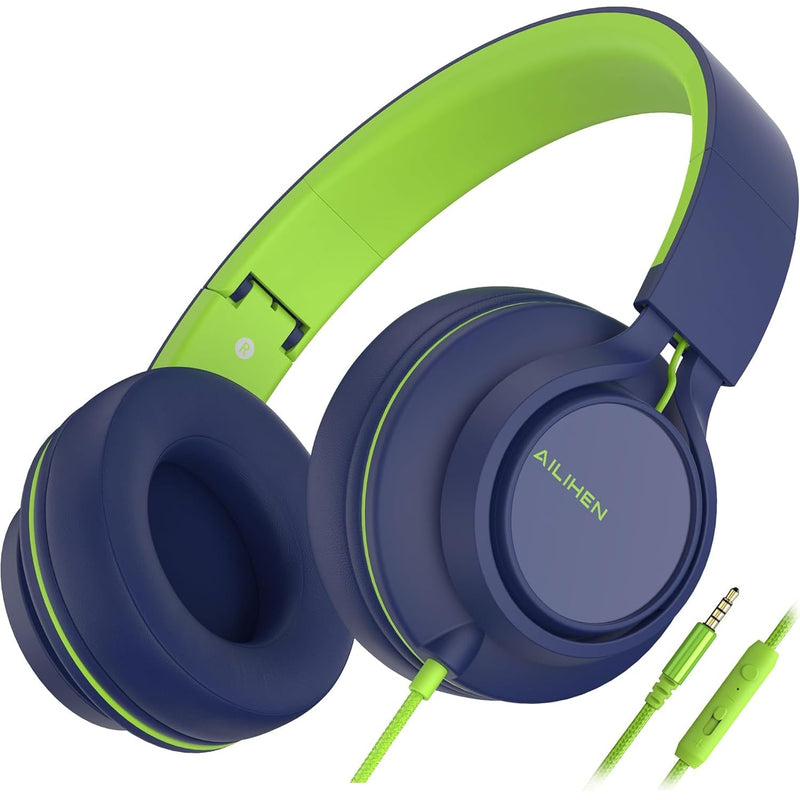 AILIHEN C8 Headphones Wired, On-Ear Headphones with Microphone and Volume Control, Corded 3.5mm Headset for Boys Girl School Smartphones Chromebook Laptop Computer Tablets Airplane Travel (Blue Green) Blue Green