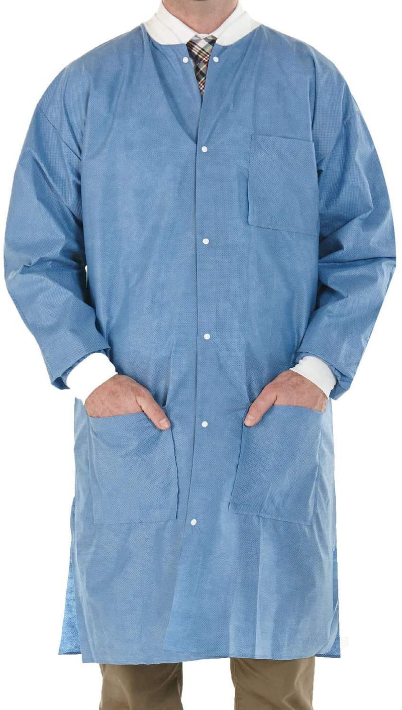 EOM Disposable Lab Coats - Lab Coats for Men and Women - Knee Length Lab Coat with Knit Cuffs and Collar - Medical Lab Jacket for Adults - Pack of 10, (Large Size) Large
