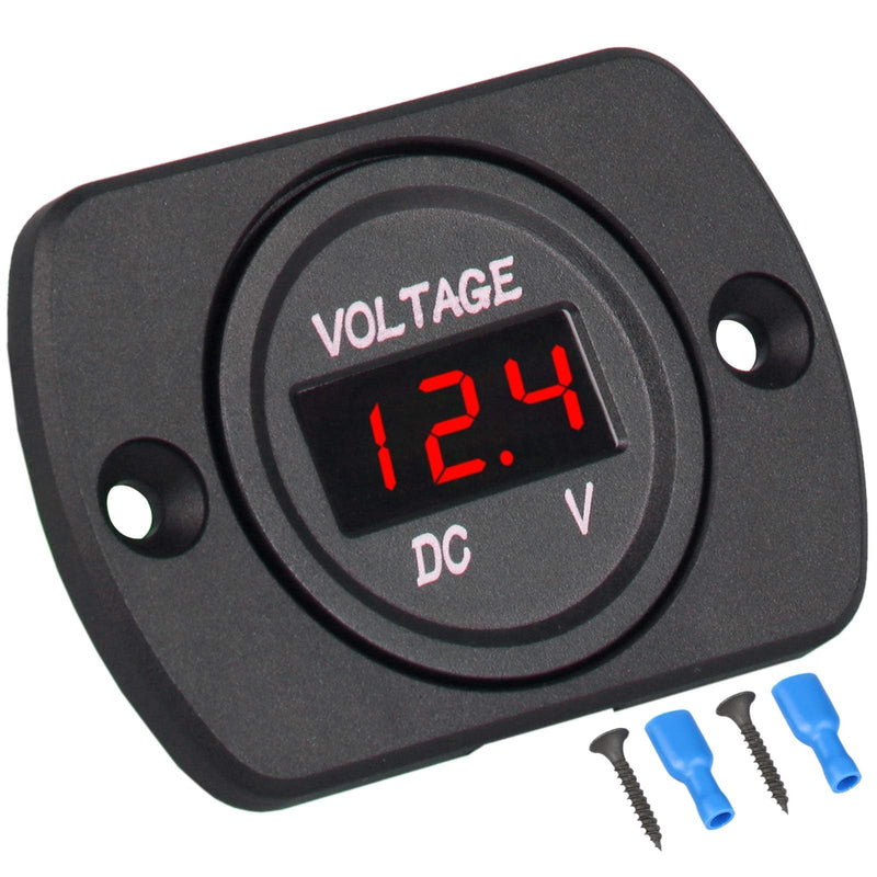 DC 12V 24V Car Voltmeter with LED Digital Display and Mounting Plate, Waterproof Voltage Gauge Meter with Terminals for Boat Marine Vehicle Motorcycle Truck, Round Voltage Gauge Meter with Red Light Red with panel