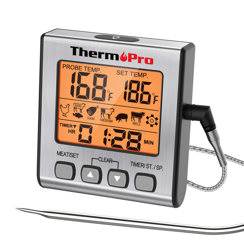 ThermoPro TP16S Digital Meat Thermometer for Cooking and Grilling, BBQ Food Thermometer with Backlight and Kitchen Timer, Grill Temperature Probe Thermometer for Smoker, Barbecue, Oven, Baking,Oil Light Silver