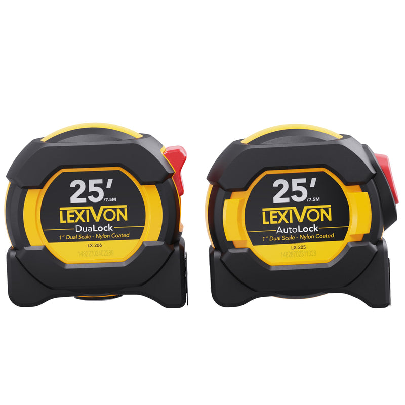 LEXIVON [2-Pack] 25Ft/7.5m Tape Measure, DuaLock & AutoLock | 1-Inch Wide Blade with Nylon Coating, Matt Finish White & Yellow Dual Sided Rule Print | Ft/Inch/Fractions/Metric (LX-204) 2PK-25FT DuaLock & AutoLock