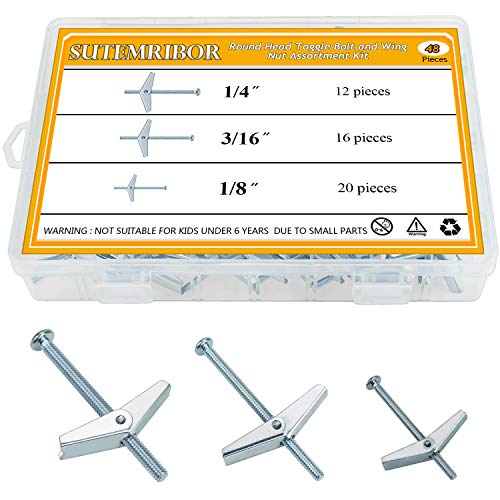 1/8 Inch, 3/16 Inch, 1/4 Inch Toggle Bolt and Wing Nut for Hanging Heavy Items on Drywall, 48 PCS