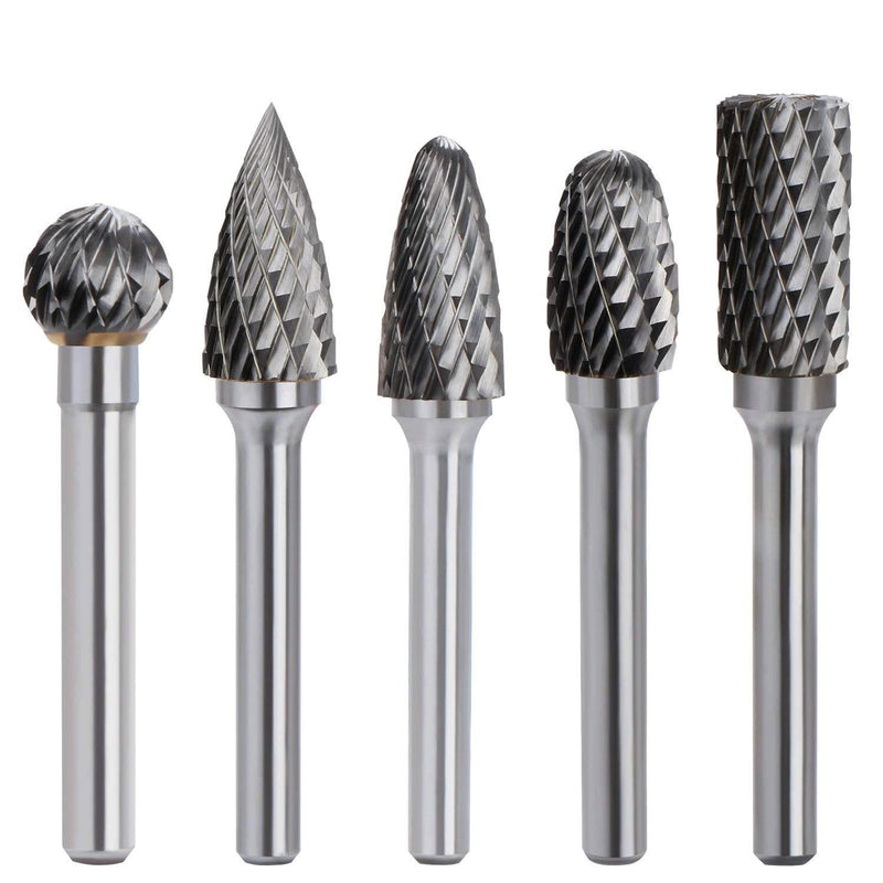 ASNOMY Tungsten Carbide Cutter - 5 Piece Rasp Set 10 mm Carbide Rotary Milling Set Burr for Cutting Grinder, Metal Carving, Polishing, Engraving, Drilling with 6 mm Shank Milling Bit Set 5 x 1/4" Shank Carbide Rotary Burr