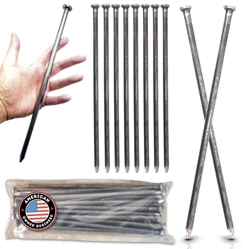 Heavy Duty (10 Count) - Round Metal Landscape & Paver Edging Anchoring Spikes, 12-Inch Length - Bright Spike Timber Nail, Tent Spike, Camping, Landscape, & More (10-Pack) 10-PACK