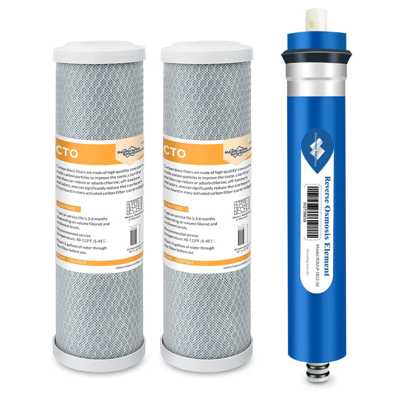 Membrane Solutions Combo Pack for FX12M and FX12P, Water Filter Replacement Cartridge Compatible GE RO Set GXRM10RBL GXRM10G Reverse Osmosis Systems, 2x Carbon Filters, 1x 50GPD RO Membrane Filter 2 CTO + 1 RO