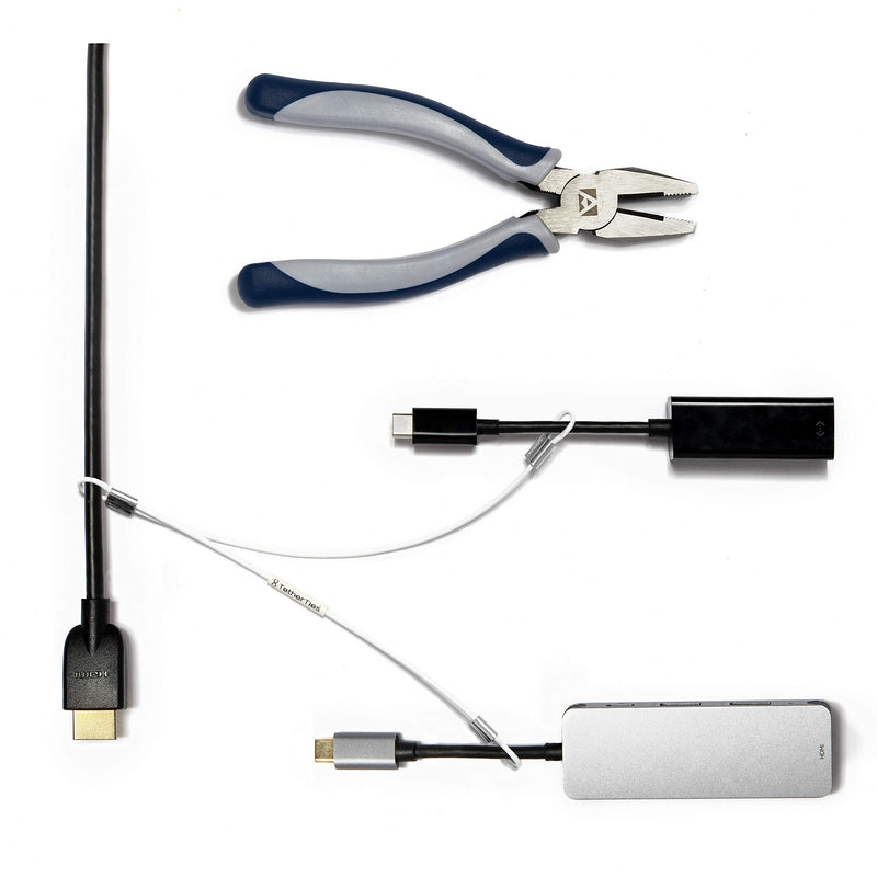 Multi-Adapter Cable Tethers Kit - Nylon coated stainless steel wire tether cable - Easy Installation - Secure Remote Control Tethers, Adapters, Dongles & More - Free Crimping Tool White 10 Pack Multi-Adapter TetherTies