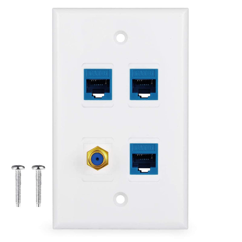 4 Port Wall Plate with Gold-Plated Coaxial TV Cable F Type + 3 Port Cat6 Ethernet Female to Female Jack in White … 3-CAT6