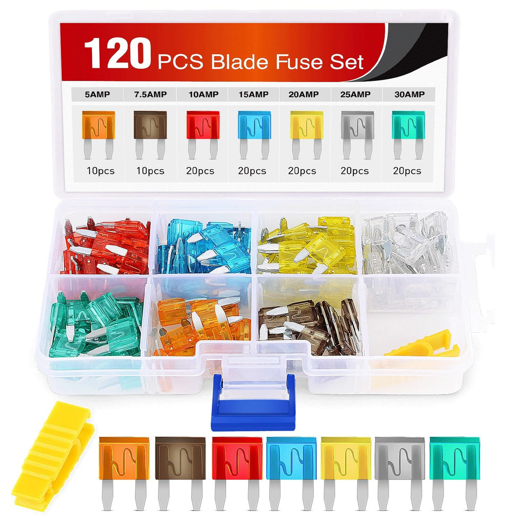 Nilight 120Pcs Blade Fuses Assortment 5, 7.5, 10, 15, 20, 25, 30 AMP Regular Mini ATM/APM Blade Fuses for Cars Trucks Boats Automotives, 2 Years Warranty, Multicolor 120Pcs Mini ATM/APM Fuses