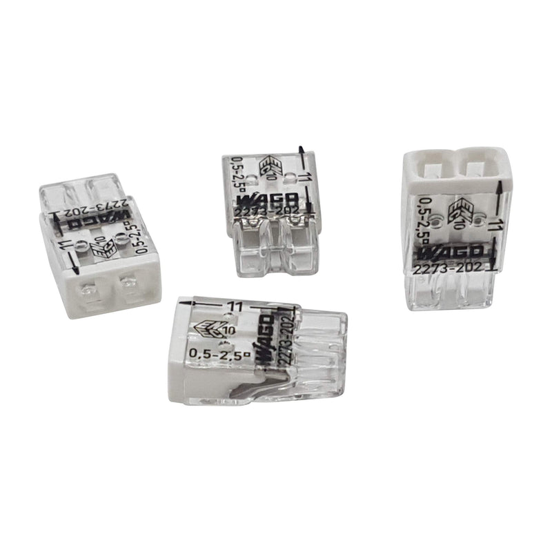 Wago 2273-202 Compact Connection Box Terminals, Diameter 0.5–2.5 mm, Pack of 30, 2-Pole, Transparent/White | Push-in terminal for solid conductors up to 24 A, Transparent/White, 450 V rated voltage, 30-piece set for electrical installations