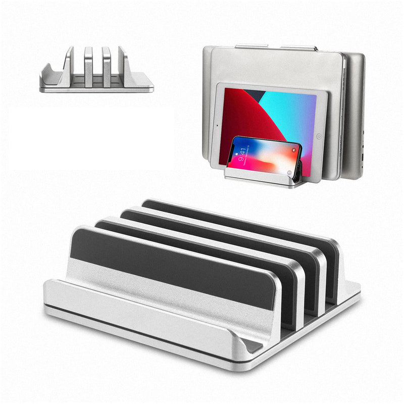 Vertical Laptop Stand [Updated Version],3-Slot Desktop Stand Holder with Adjustable Dock,4 in 1 Design Aluminum Space-Saving Laptop Stand for Desk MacBook/Surface/Samsung/HP/Dell/Chrome Book (Silver)