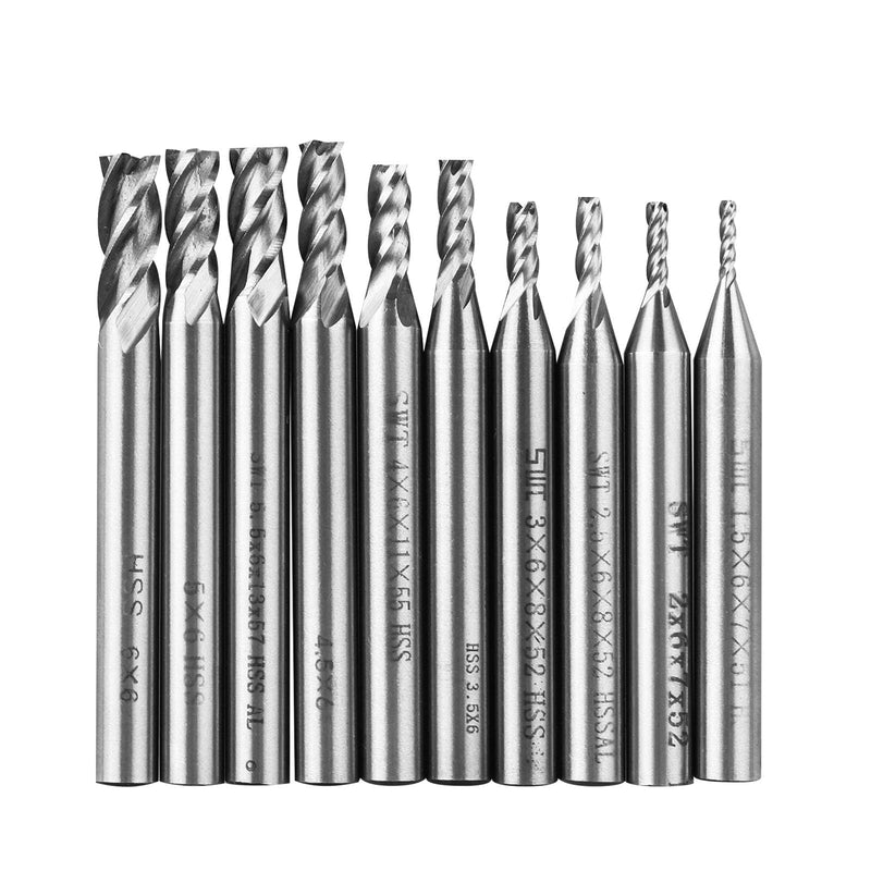Linkstyle 10 Pieces HSS End Mill, 4 Flute Carbide CNC Groove Cutter Metal Cutter Drill Bit Set, 1.5-6 mm Straight Shank Drill Bits Tool Set for Wood, Aluminum, Steel, Titanium, Wood 10 pieces.