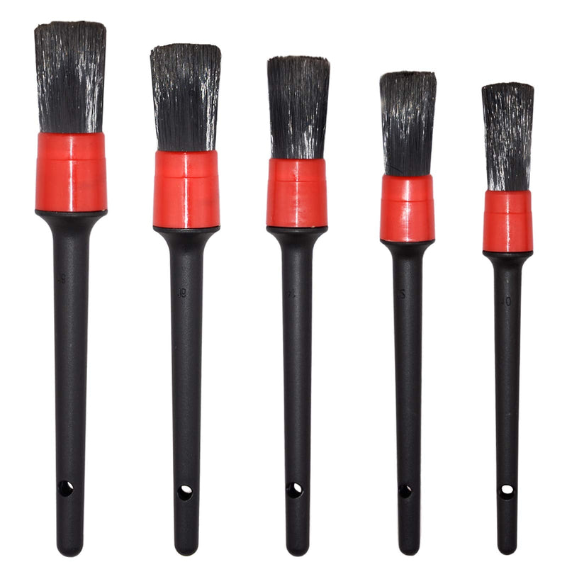 Detailing Brush Set -5 Different Sizes Premium Natural Boar Hair Mixed Fiber Plastic Handle Automotive Detail Brushes for Cleaning Wheels, Engine, Interior, Air Vents, Car, Motorcy Red