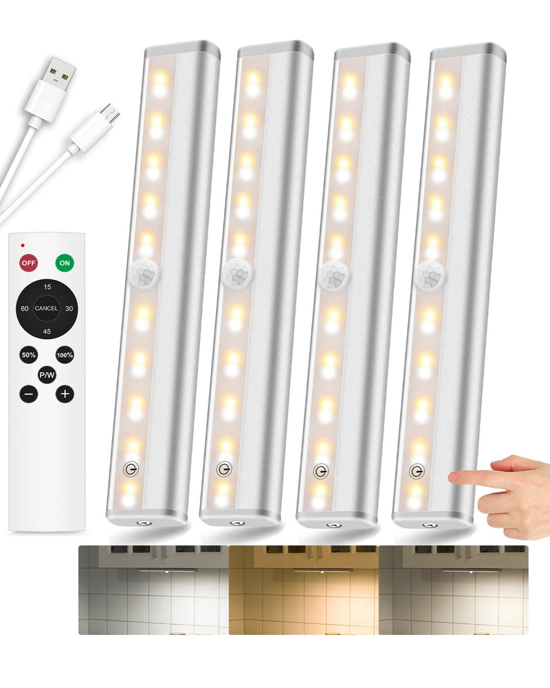 SZOKLED 20LED Under Cabinet Lighting Remote Control, Wireless Closet Lights Rechargeable Under Counter Lights for Kitchen, Hallway, Display, Multiple Colors (4 Pack) Rechargeable / 4 Packs