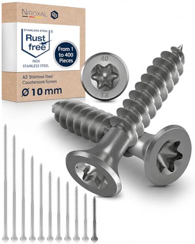 #24-2-3/8" Exterior Wood & Fence Screws 10x60mm Stainless Steel Flat Head Deck Screws Partial Thread 10mm Strong 60mm Long 50 Pieces Rust Resistant A2 60 mm ≈ 2.36 in