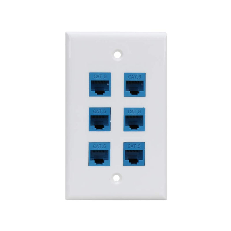 Cat 6 Ethernet Wall Plate 6 Port,Ethernet Wall Plate Female-Female Removable Compatible with Cat7/6/6e/5/5e Ethernet Devices -Blue Cat6-6port