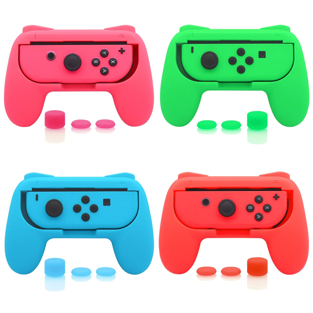 4 Pack Grips Kit Compatible with Nintendo Switch for Joy Con, Wear-Resistant Grip Controller for Joy con & OLED Model with 12 Thumb Grip Green Pink Blue and Red